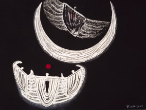 Title: 3 Goddesses, Apparition, Moon, Style: Esoteric, Medium: Goache on canvas board, Size: 11.81" x 7.87" (30 cm x 20 cm), Created: 2005 Sept , Accession #05/7P