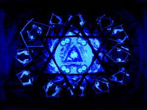 Title: Round Dance of the Cross – (As seen in Black light), Style: Symbolic, Medium: Acrylic and Oil Pastel on Canvas, Size: 120" x 108" (305 cm x 274 cm), Created: 2004 June , Accession #04/1P