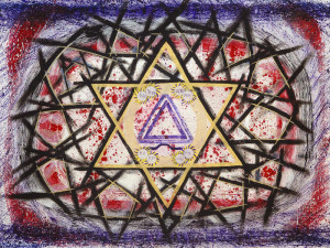 Title: Round Dance of the Cross – (As seen in Daylight), Style: Symbolic, Medium: Acrylic and Oil Pastel on Canvas, Size: 120" x 108" (305 cm x 274 cm), Created: 2004 June , Accession #04/1P